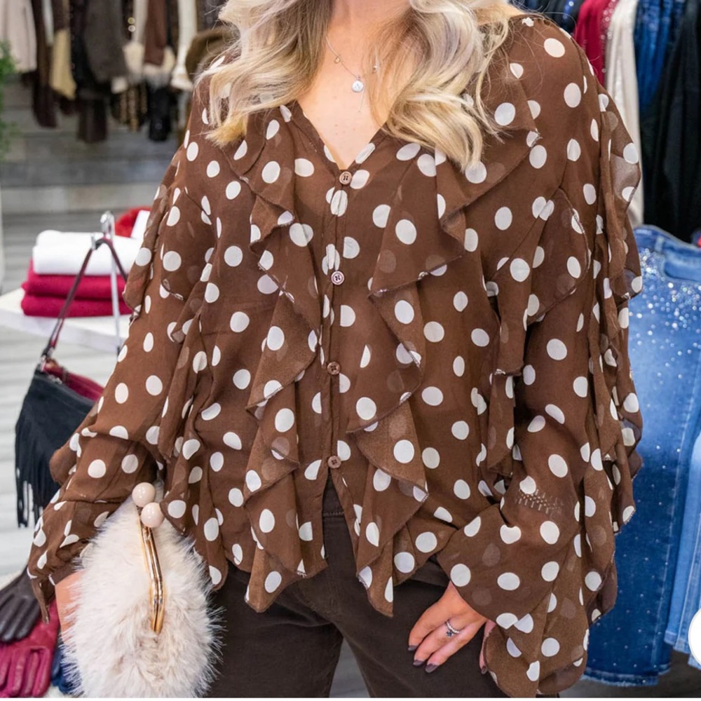 FROM PARIS FRANCE 🇫🇷 Brown Polka Dot Ruffle Blouse